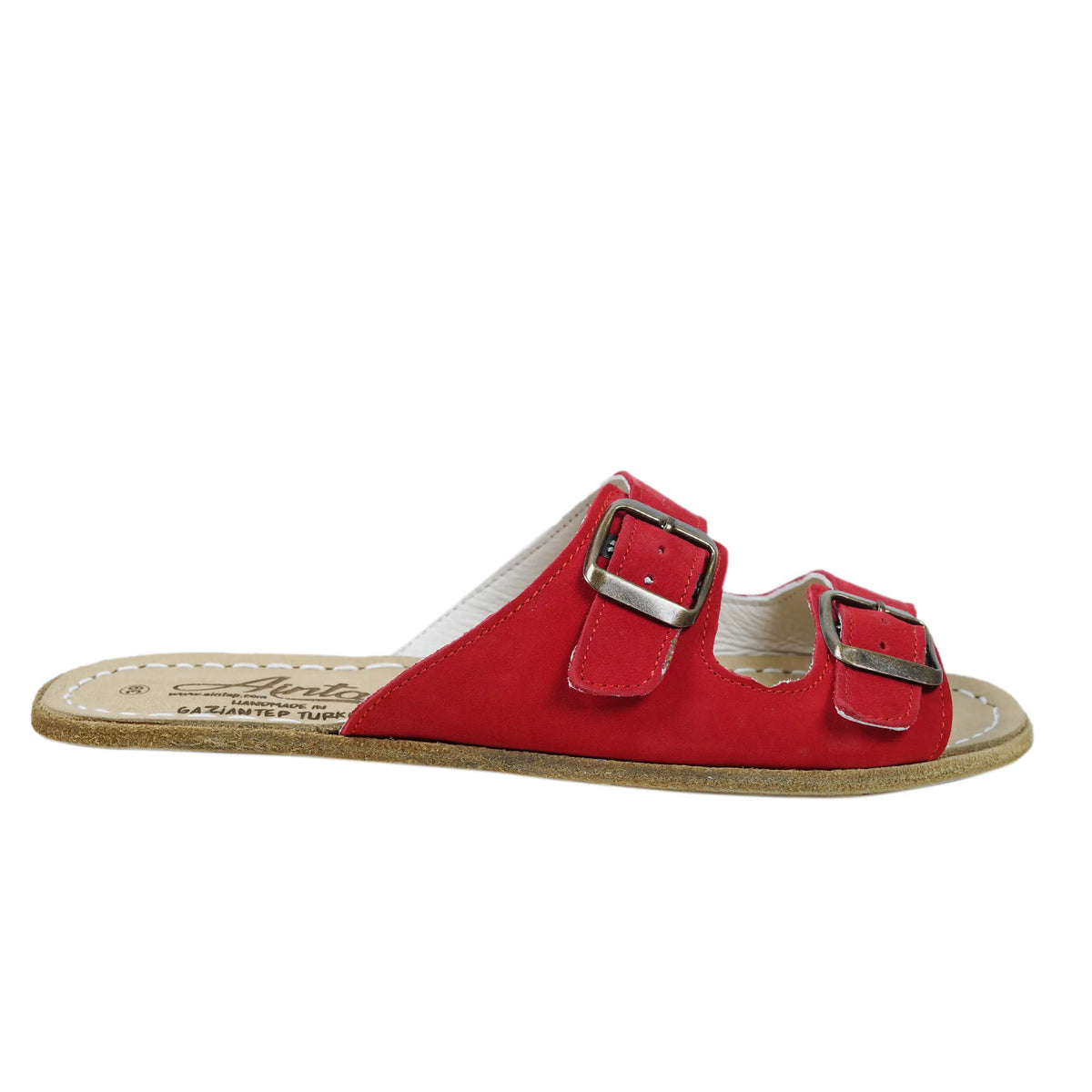 Nubuck Barefoot Double Strap Sandals Shoes – Classic Sole — Leather Sole – Red