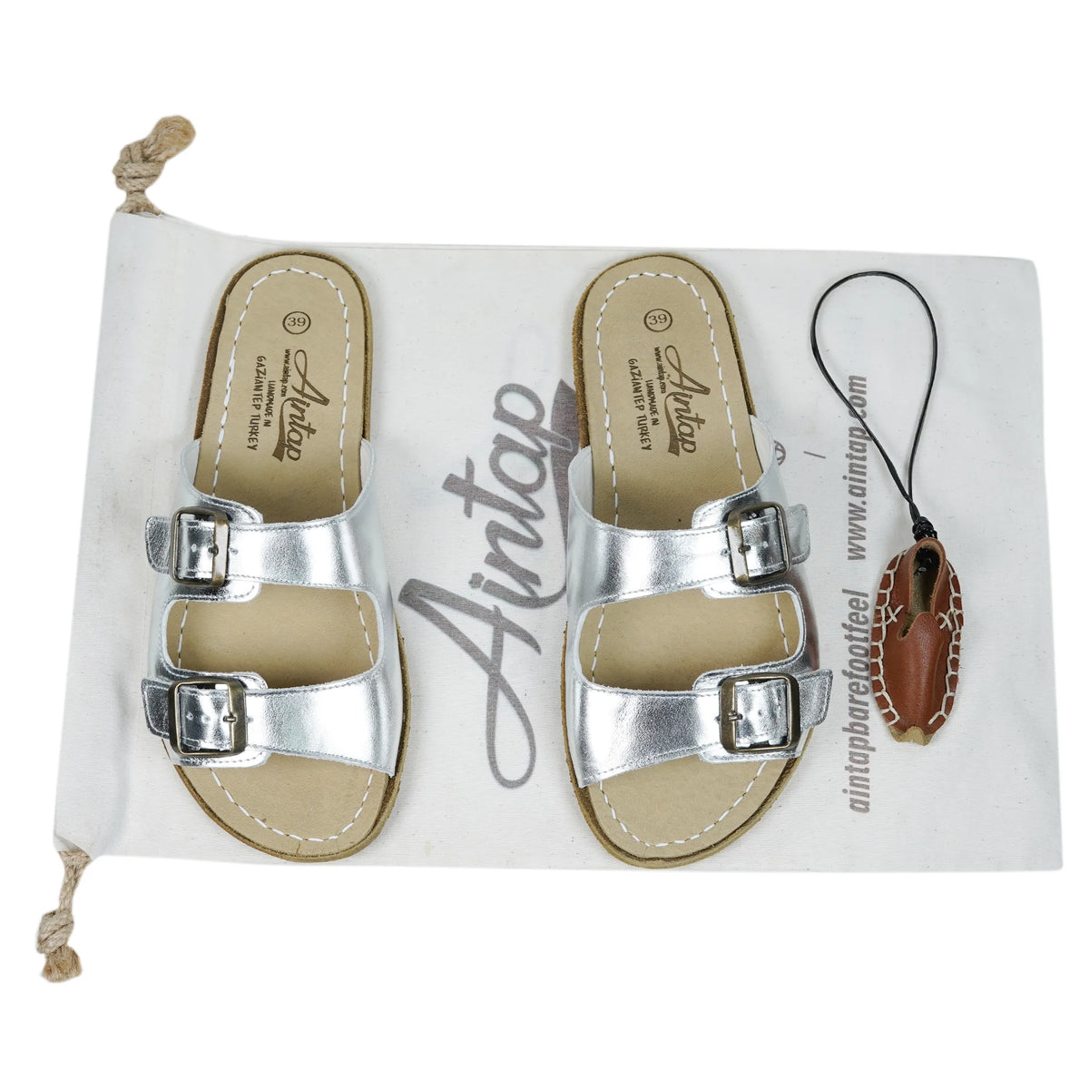 Bright Barefoot Double Strap Sandals Shoes— Leather Sole – Silver