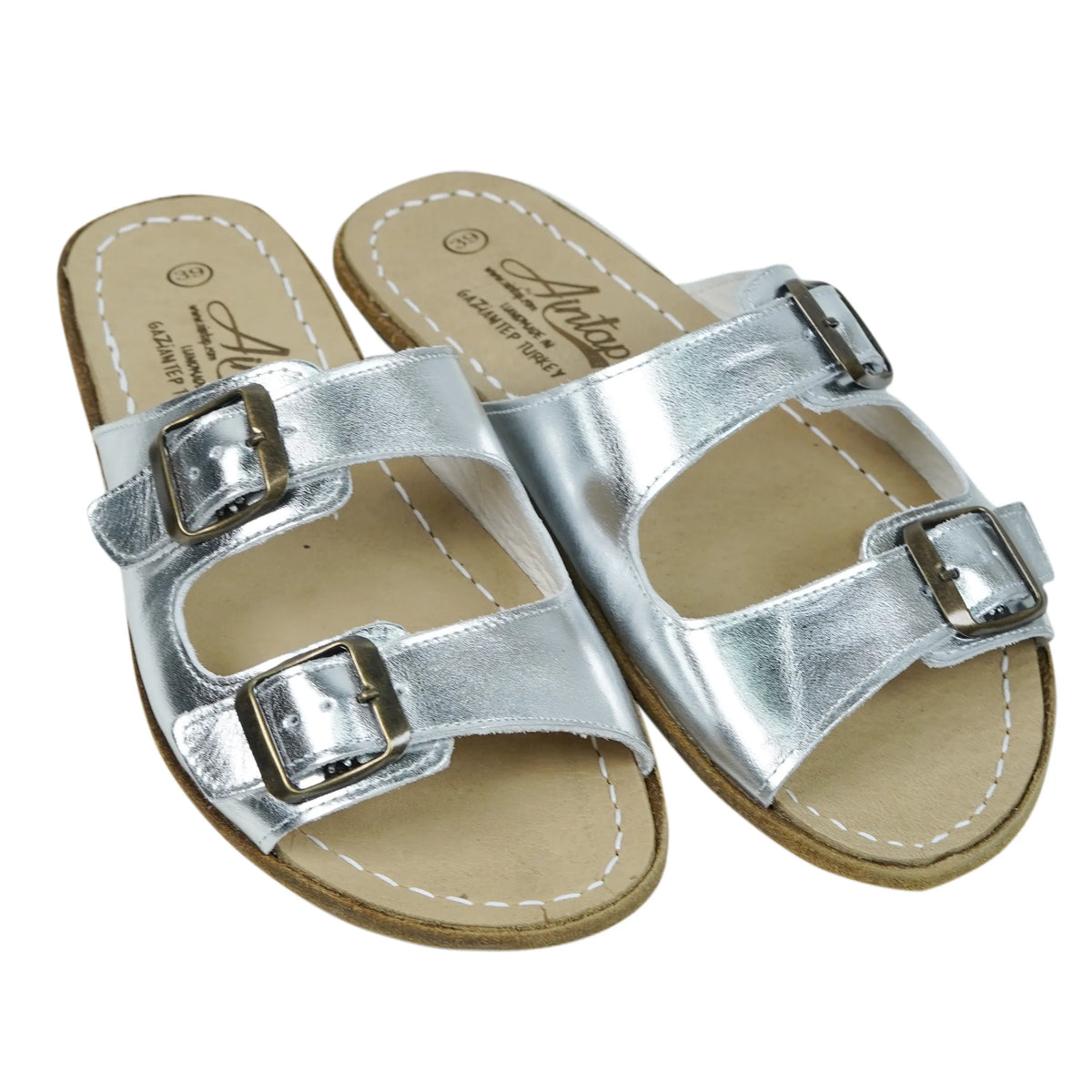 Bright Barefoot Double Strap Sandals Shoes – Classic Sole — Leather Sole – Silver