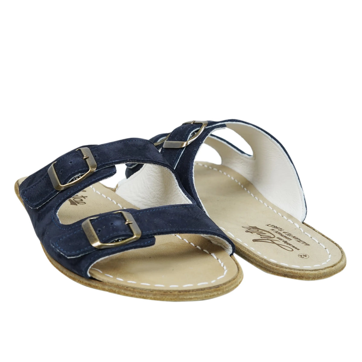 Nubuck Barefoot Double Strap Sandal Shoes – Classic Sole — Leather Sole – Navy Blue