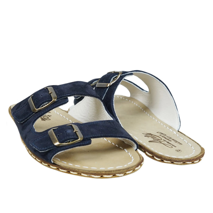 Nubuck Barefoot Double Strap Sandals Shoes — Leather Sole – Navy Blue