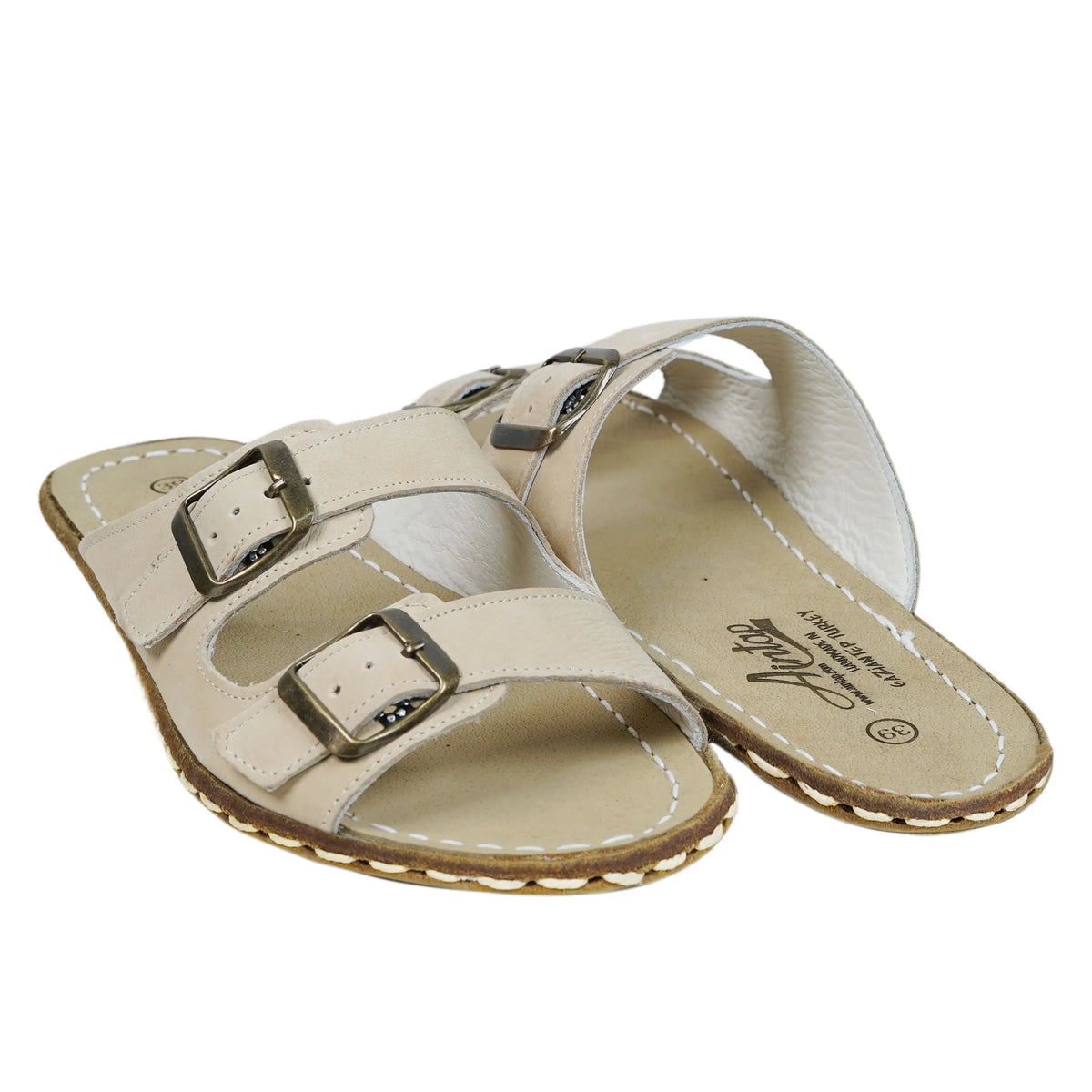 Nubuck Barefoot Double Strap Sandals Shoes — Leather Sole – Cream