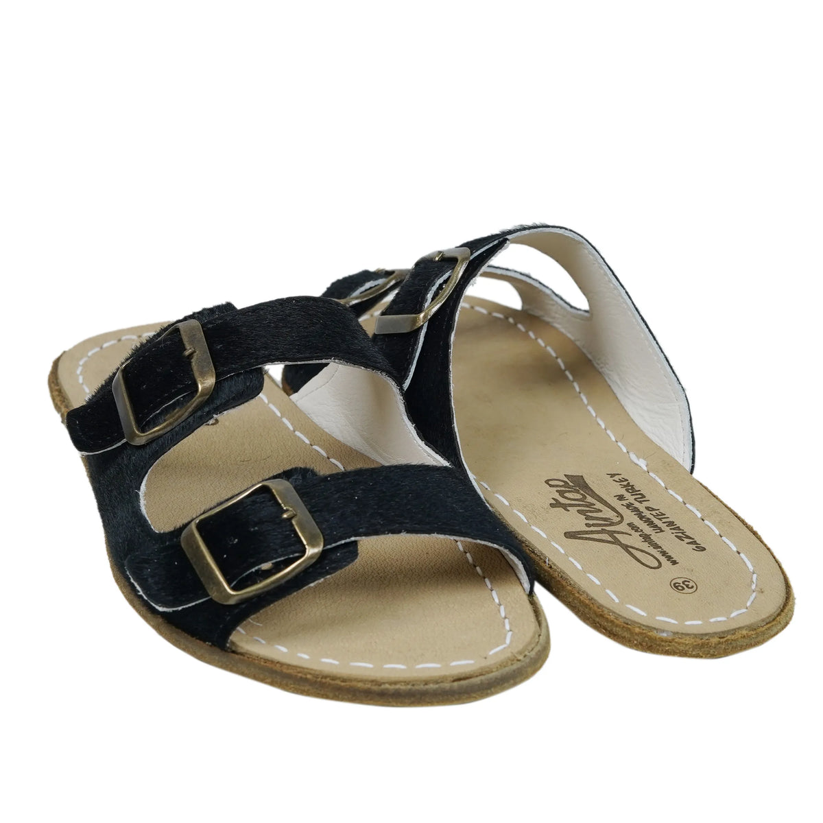 Hair Barefoot Double Strap Sandals Shoes - Classic Sole - Leather Sole – Black