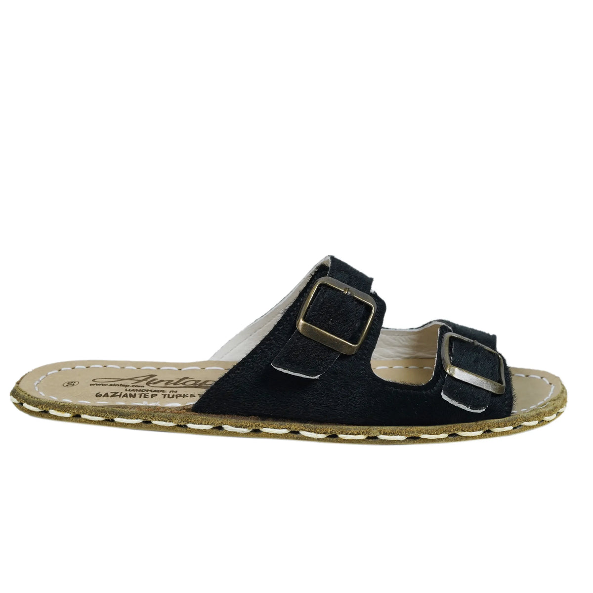 Hair Barefoot Double Strap Sandals Shoes — Leather Sole – Black