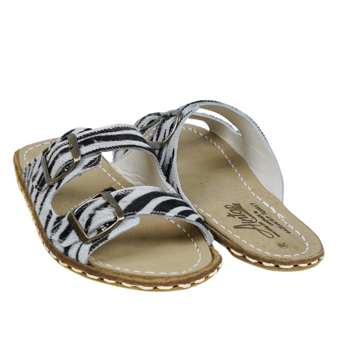 Hair Barefoot Double Strap Sandals Shoes – Leather Sole – Zebra