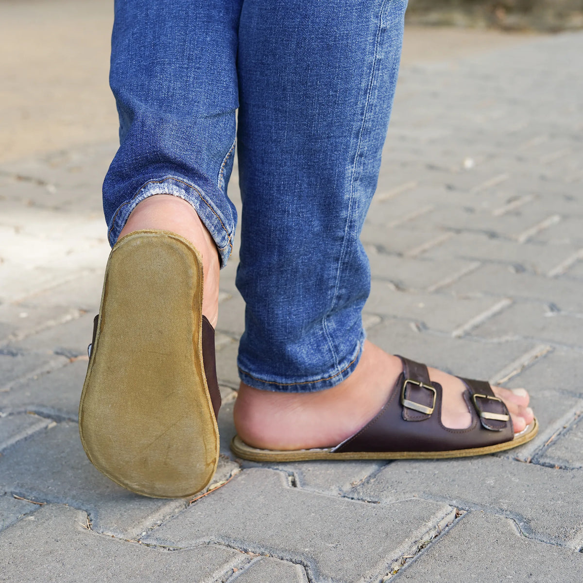 Smooth Barefoot Double Strap Sandals Shoes – Classic Sole — Leather Sole – Dark Brown