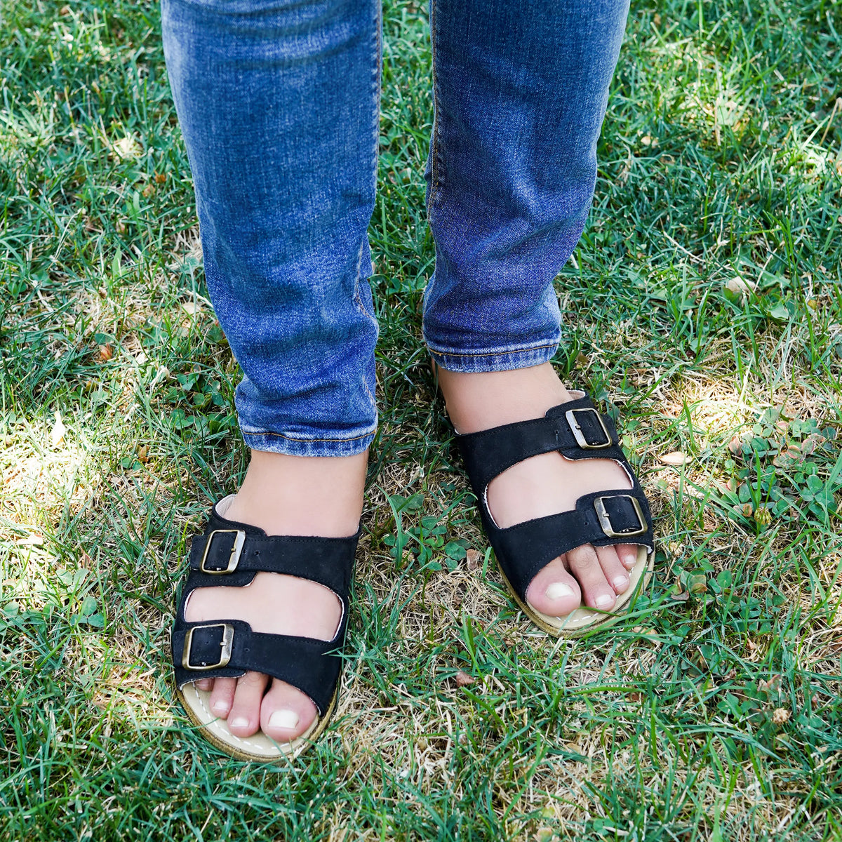 Nubuck Barefoot Double Strap Sandal Shoes – Classic Sole — Leather Sole – Black