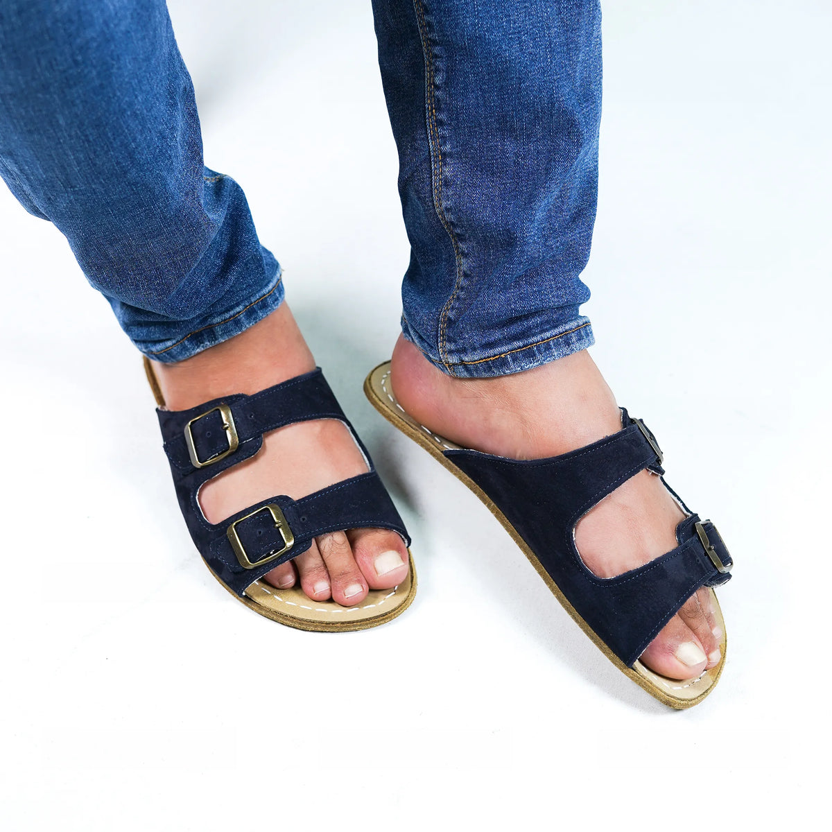 Nubuck Barefoot Double Strap Sandals Shoes – Classic Sole — Leather Sole – Navy Blue