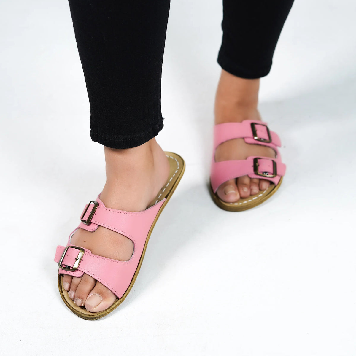 Smooth Barefoot Double Strap Sandals Shoes – Classic Sole — Leather Sole – Pink