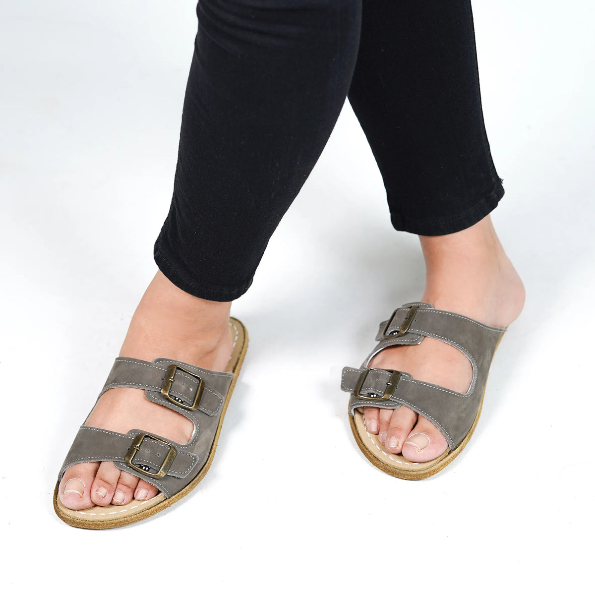 Nubuck Barefoot Double Strap Sandal Shoes – Classic Sole — Leather Sole – Gray