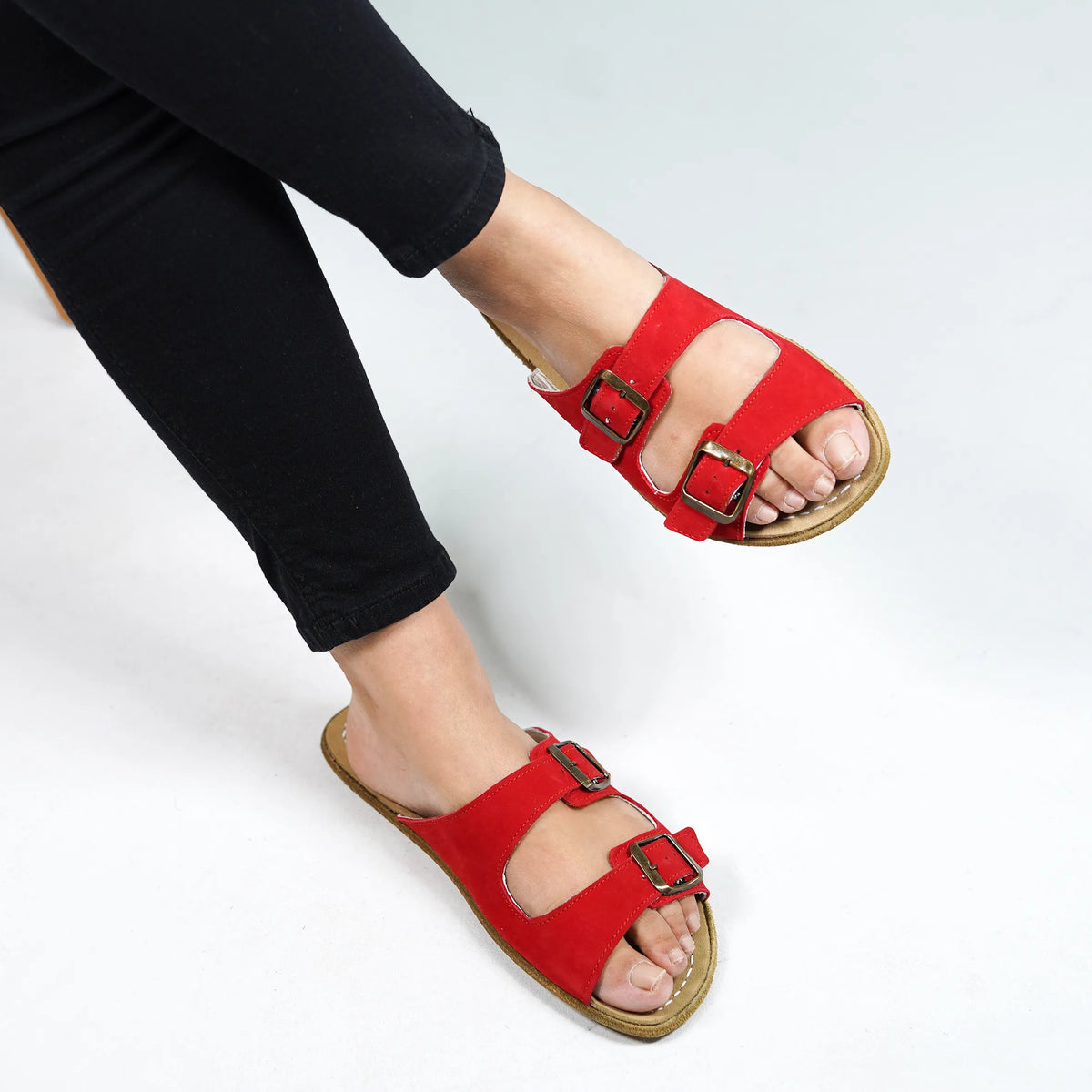 Nubuck Barefoot Double Strap Sandals Shoes – Classic Sole — Leather Sole – Red