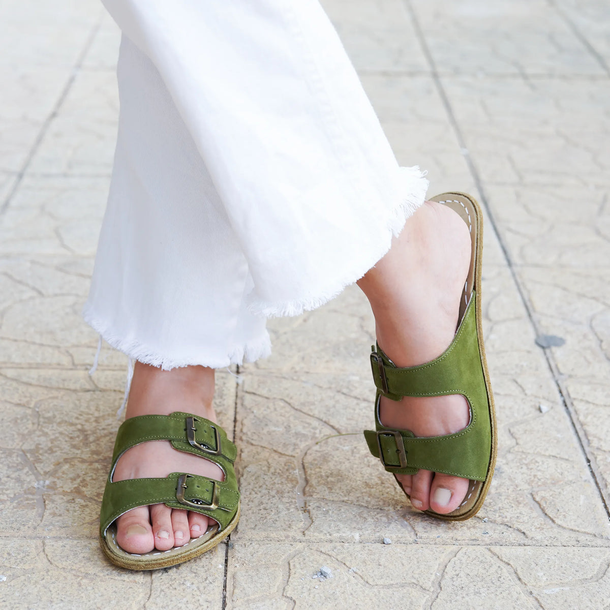 Nubuck Barefoot Double Strap Sandal Shoes – Classic Sole — Leather Sole – Green