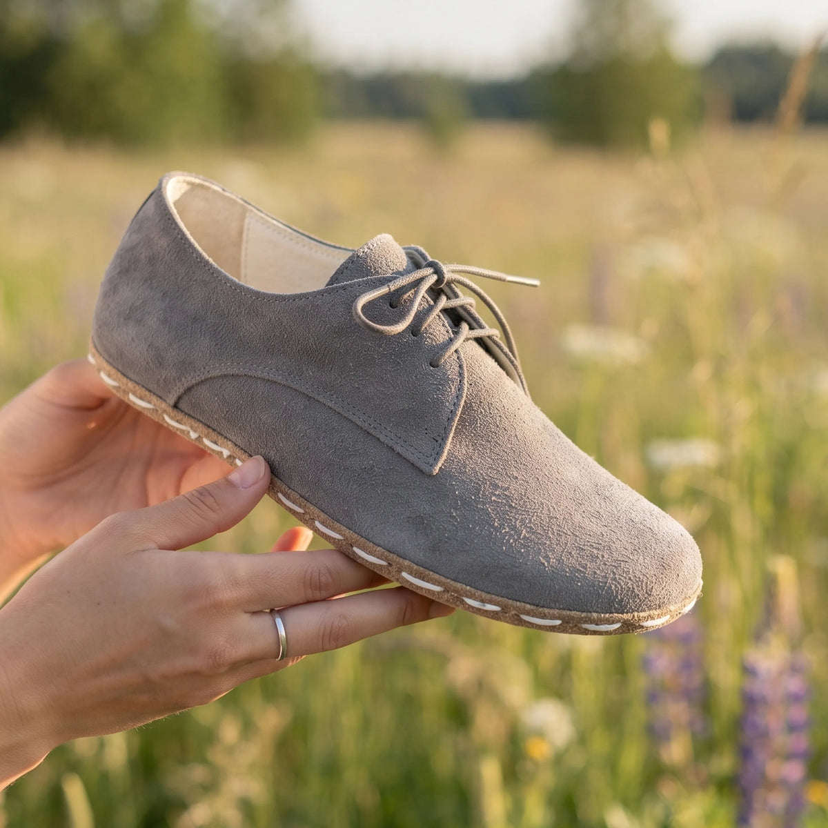 Suede Barefoot Oxford Shoes — Leather Sole – Gray