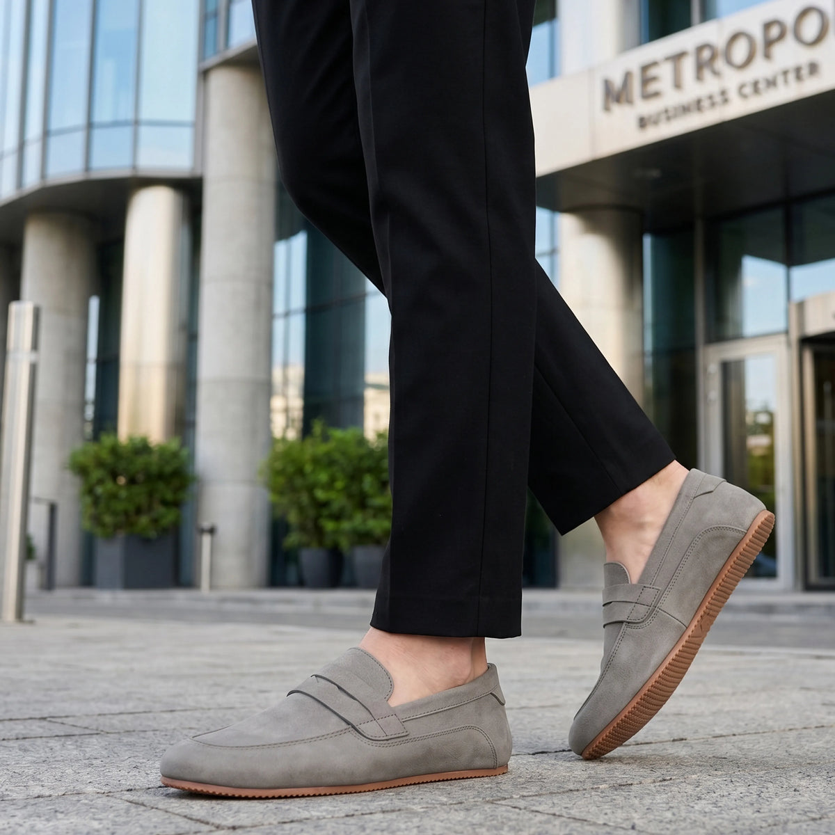 Nubuck Barefoot Penny Loafer Shoes – Rubber Sole – Gray