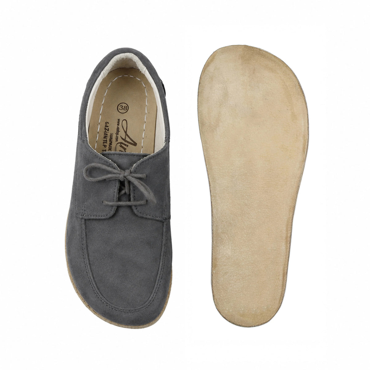 Suede Barefoot Laces Penny Loafer Shoes – Classic Sole — Leather Sole – Gray