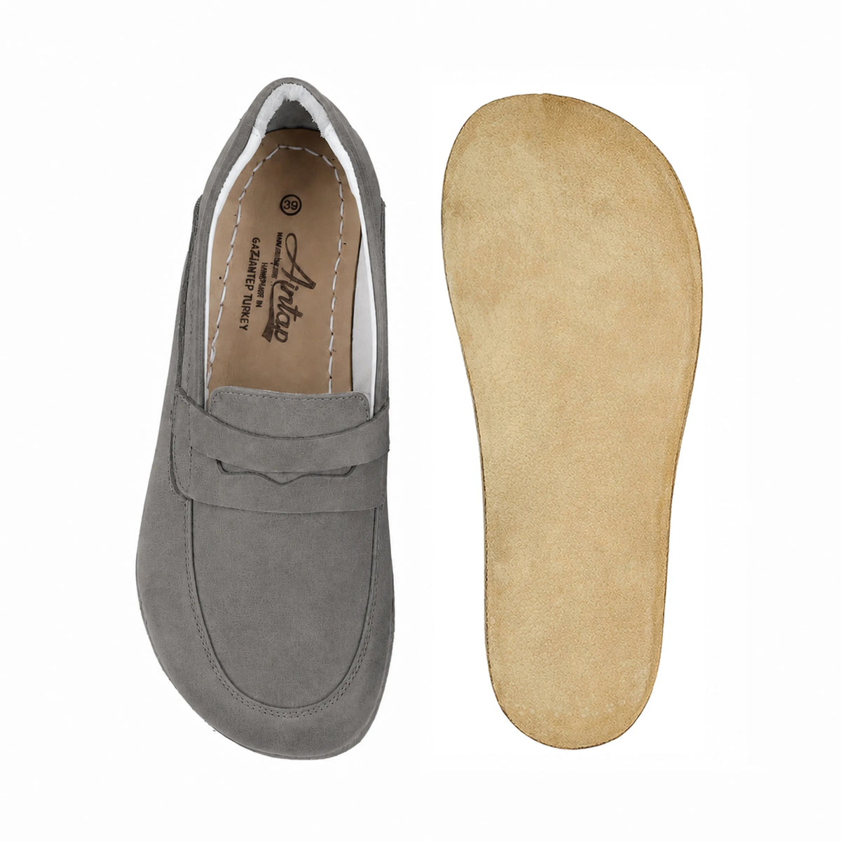 Nubuck Barefoot Penny Loafer Shoes – Classic Sole — Leather Sole – Gray