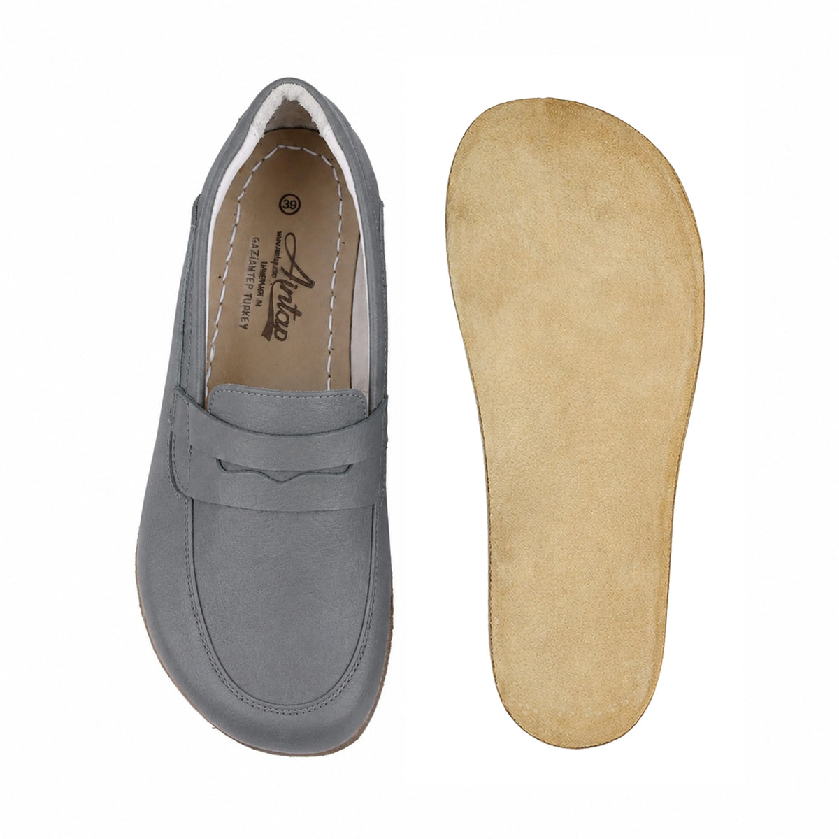 Smooth Barefoot Penny Loafer Shoes – Classic Sole — Leather Sole – Gray