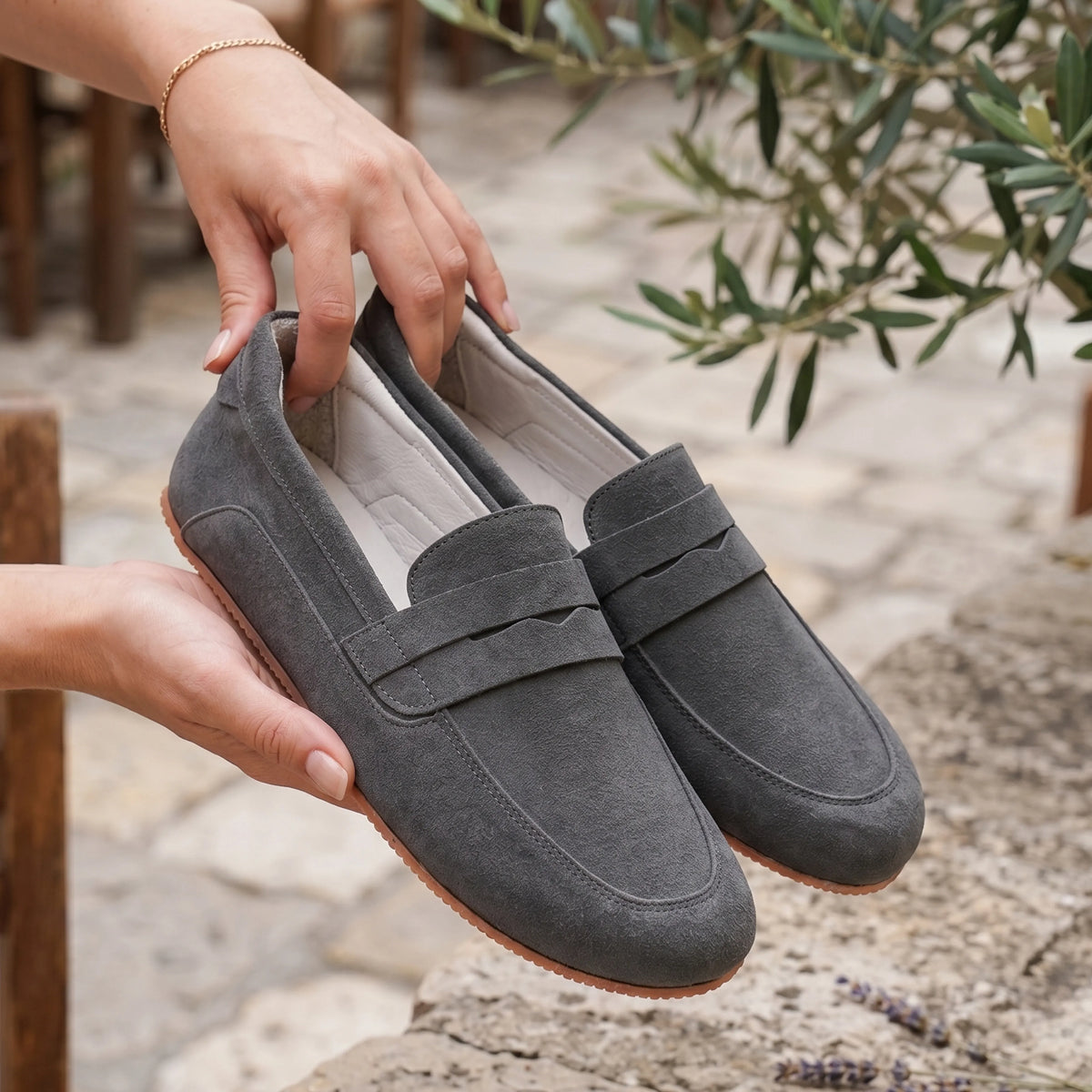Suede Barefoot Penny Loafer Shoes – Rubber Sole – Gray
