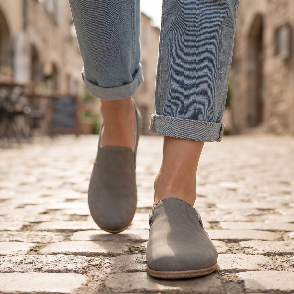Nubuck Barefoot Slip-On Shoes – Classic Sole — Leather Sole – Gray