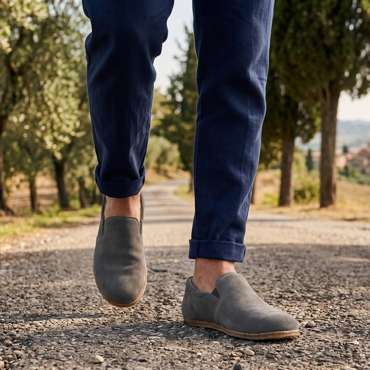 Suede Barefoot Slip-On Shoes – Classic Sole — Leather Sole – Gray