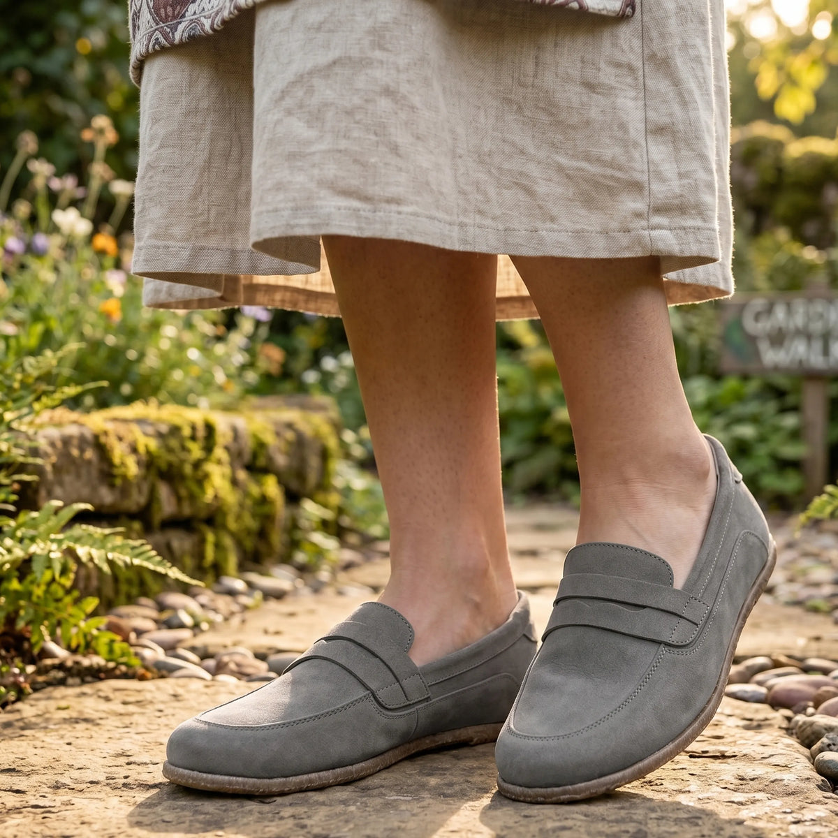 Nubuck Barefoot Penny Loafer Shoes – Classic Sole — Leather Sole – Gray