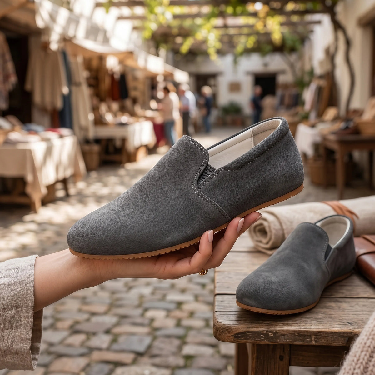 Suede Barefoot Slip-On Shoes – Rubber Sole – Gray
