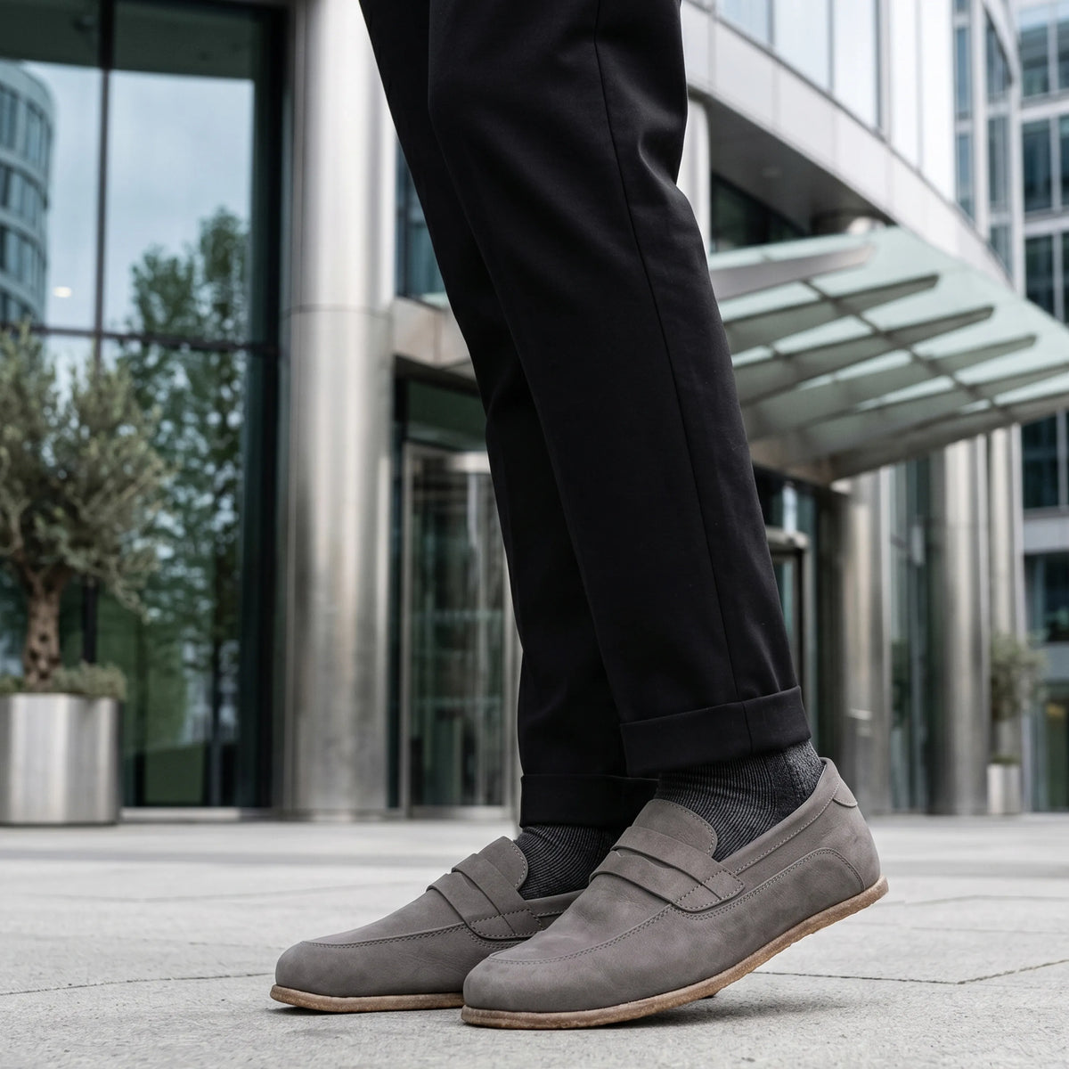 Nubuck Barefoot Penny Loafer Shoes – Classic Sole — Leather Sole – Gray