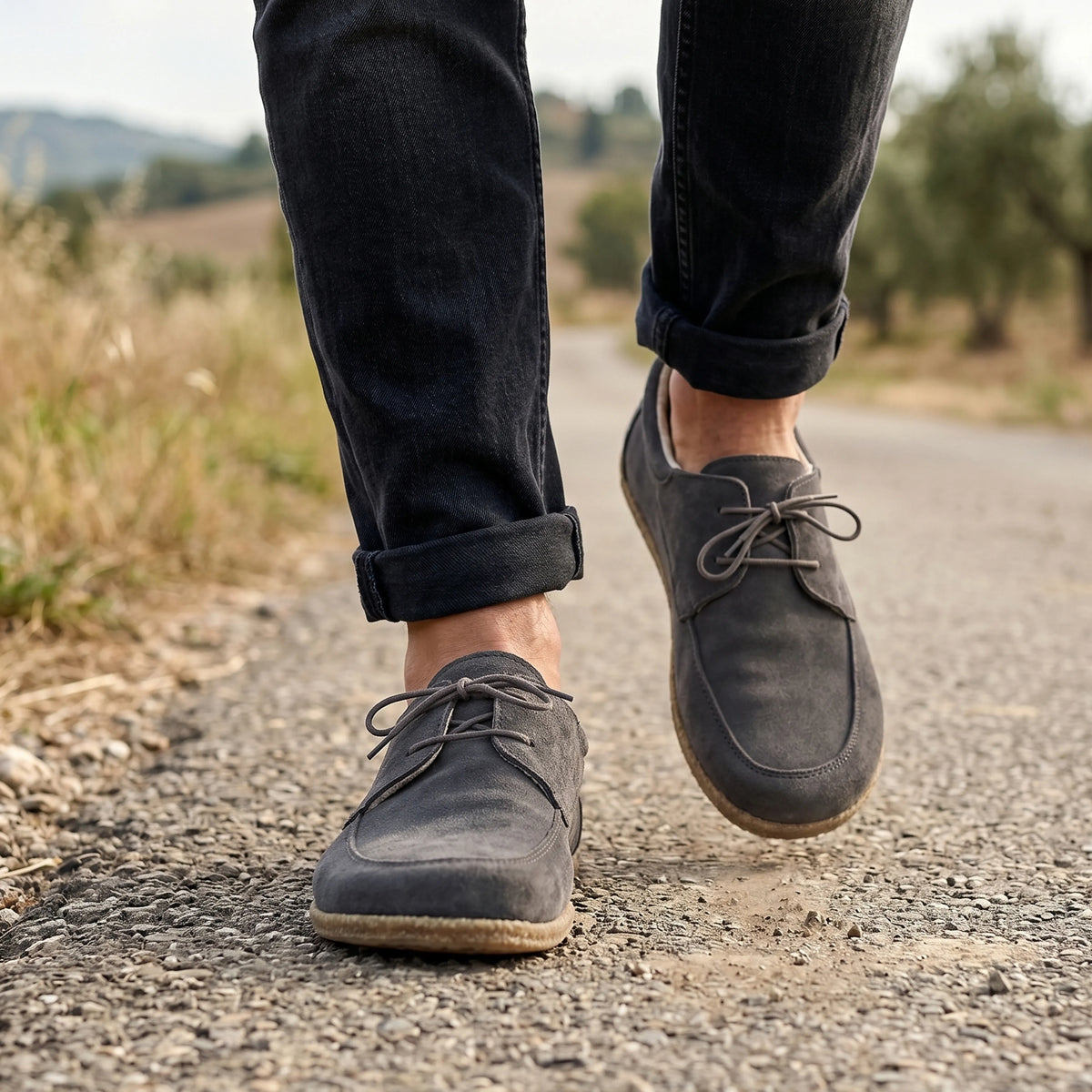 Suede Barefoot Laces Penny Loafer Shoes – Classic Sole — Leather Sole – Gray