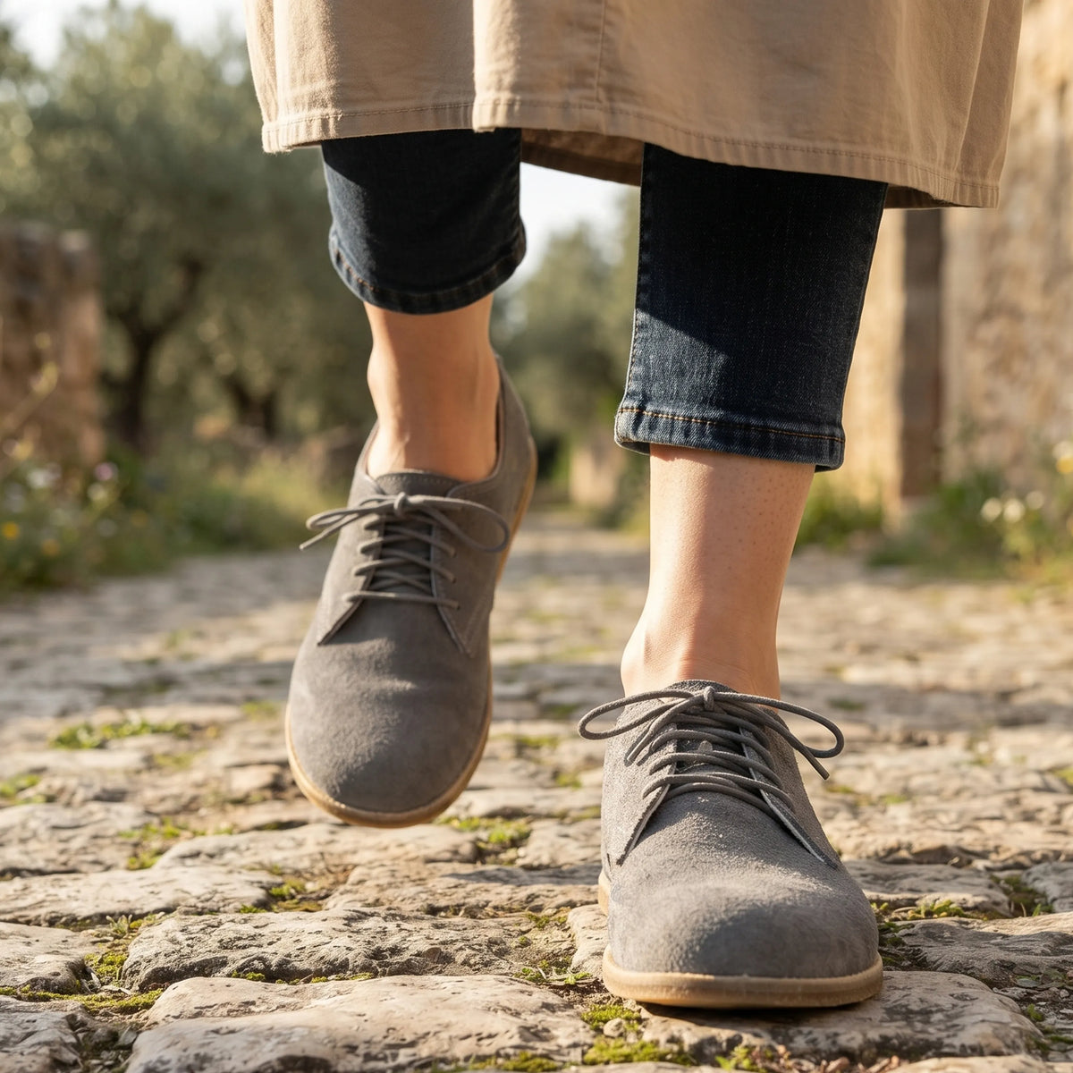 Suede Barefoot Oxford Shoes – Classic Sole — Leather Sole – Gray