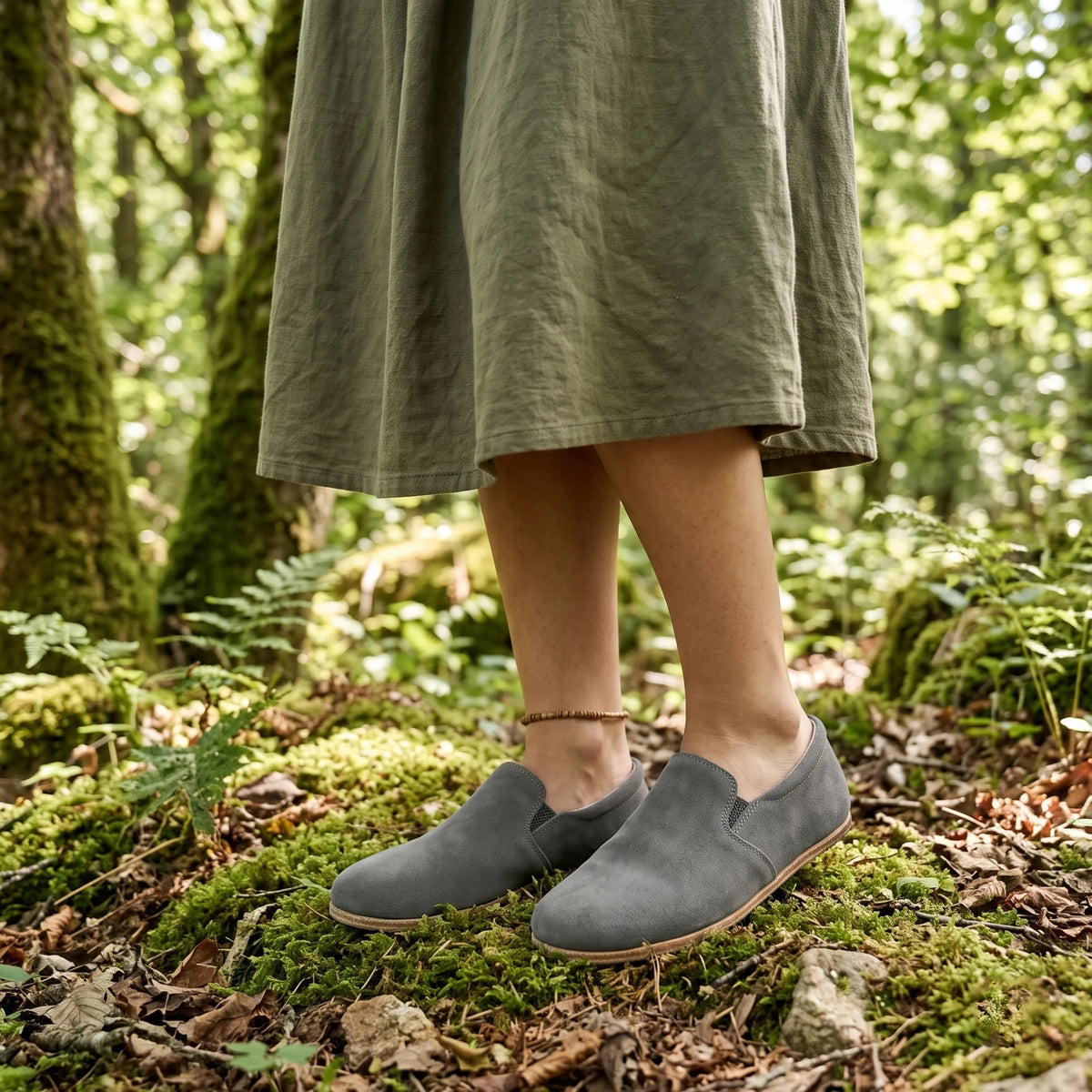 Suede Barefoot Slip-On Shoes – Classic Sole — Leather Sole – Gray