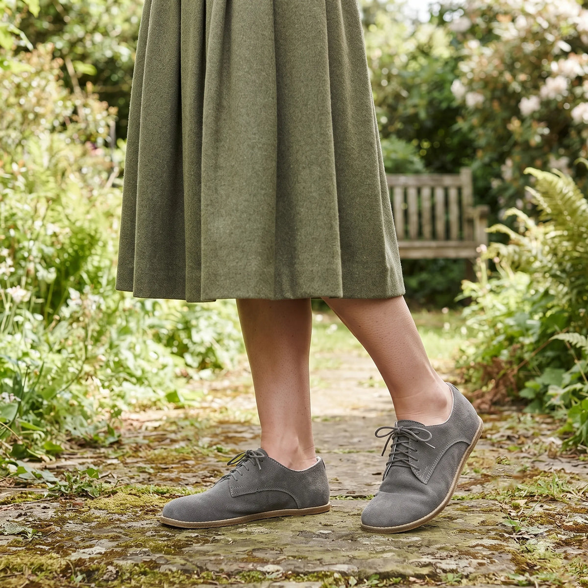 Suede Barefoot Oxford Shoes – Classic Sole — Leather Sole – Gray