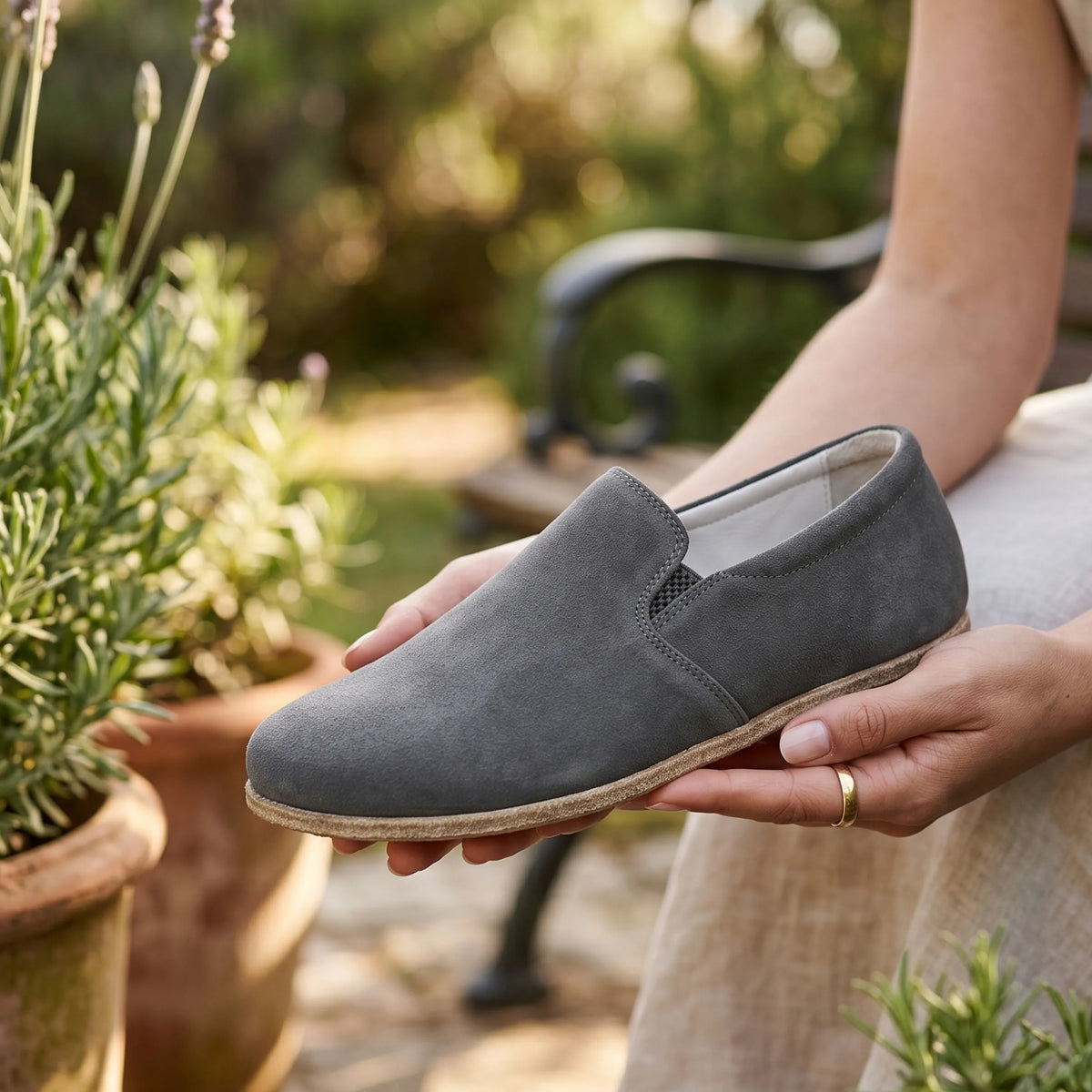 Suede Barefoot Slip-On Shoes – Classic Sole — Leather Sole – Gray