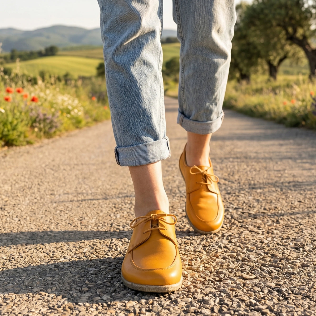 Smooth Barefoot Laces Penny Loafer Shoes – Classic Sole — Leather Sole – Mustard