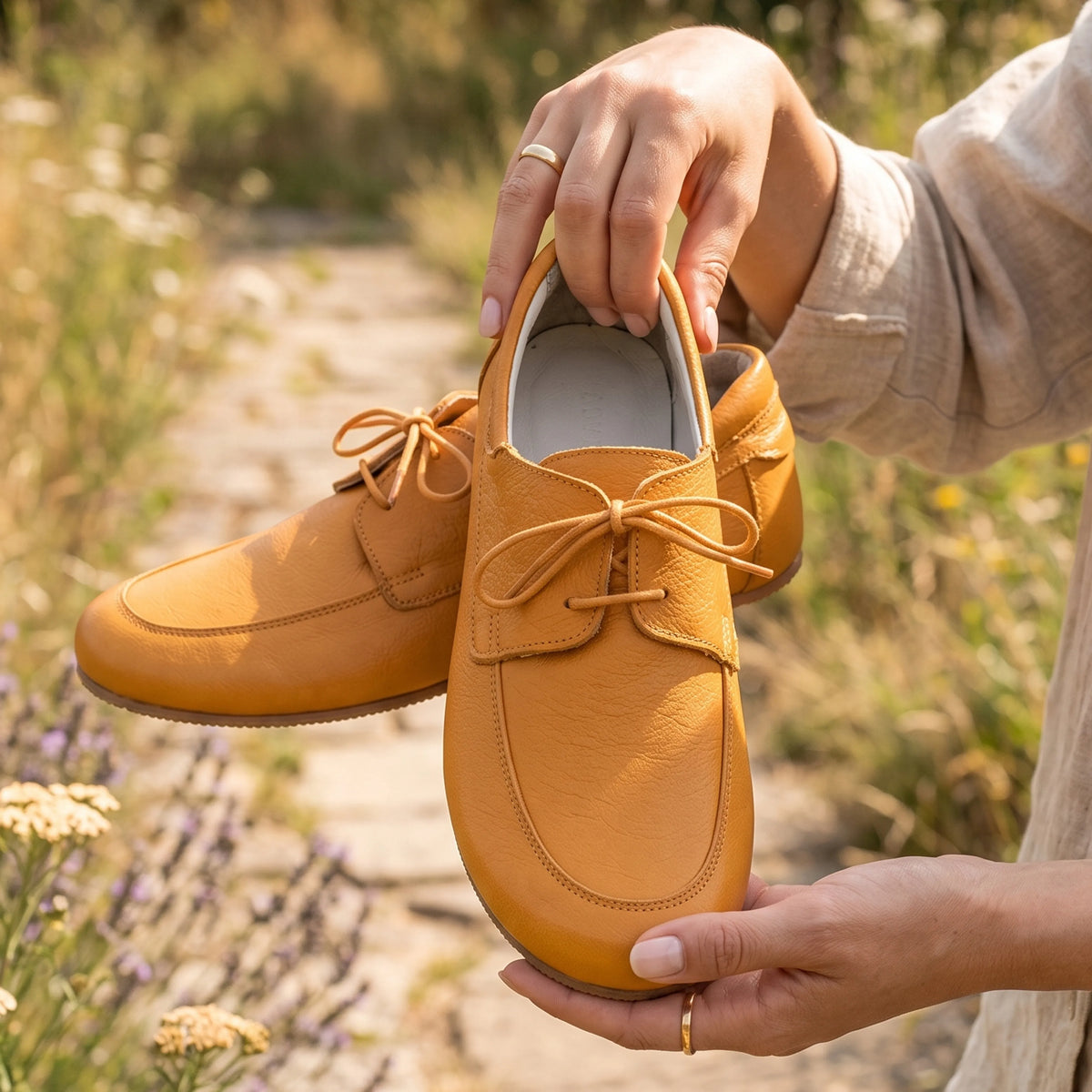 Smooth Barefoot Laces Penny Loafer Shoes – Rubber Sole – Mustard