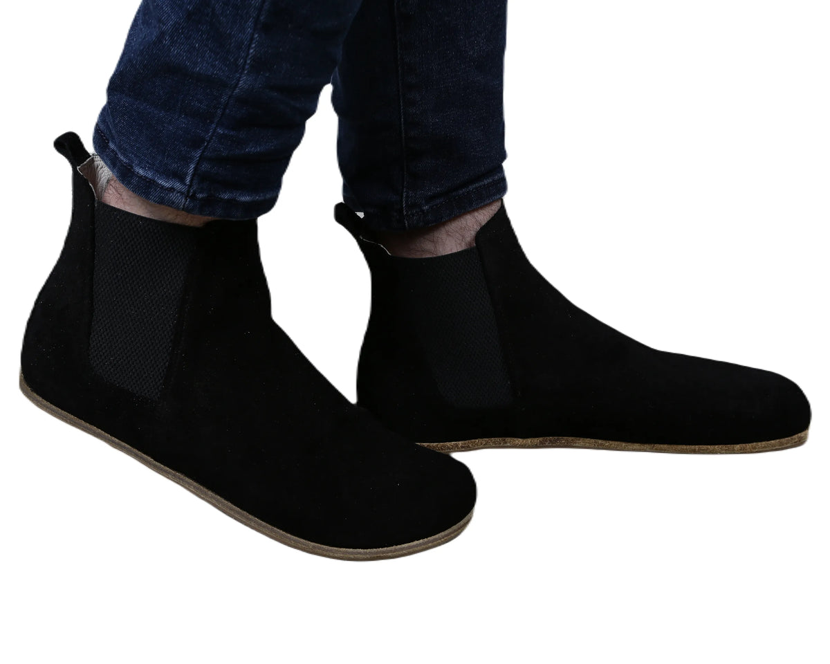 Suede Barefoot Cheslea Boots Shoes – Classic Sole — Leather Sole – Black