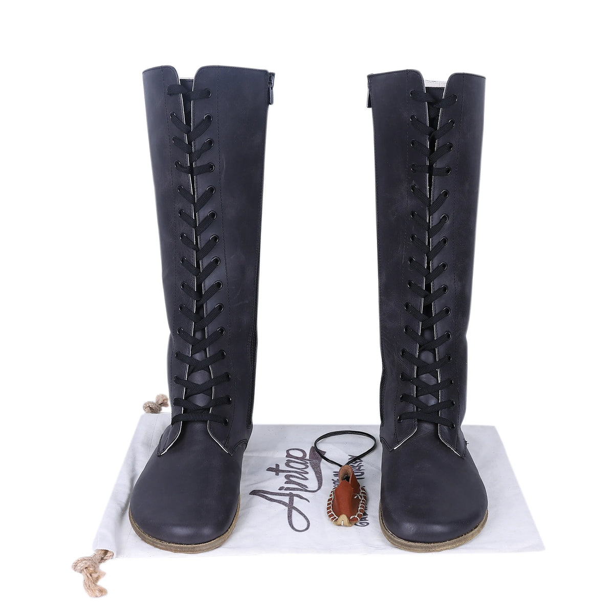 Crazy Barefoot Laces Knee Boots Shoes – Classic Sole — Leather Sole – Black