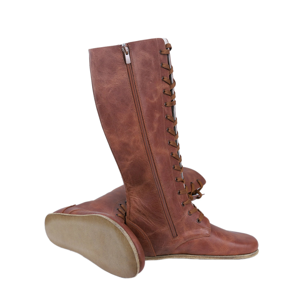 Crazy Barefoot Laces Knee Boots Shoes – Classic Sole — Leather Sole – Brown