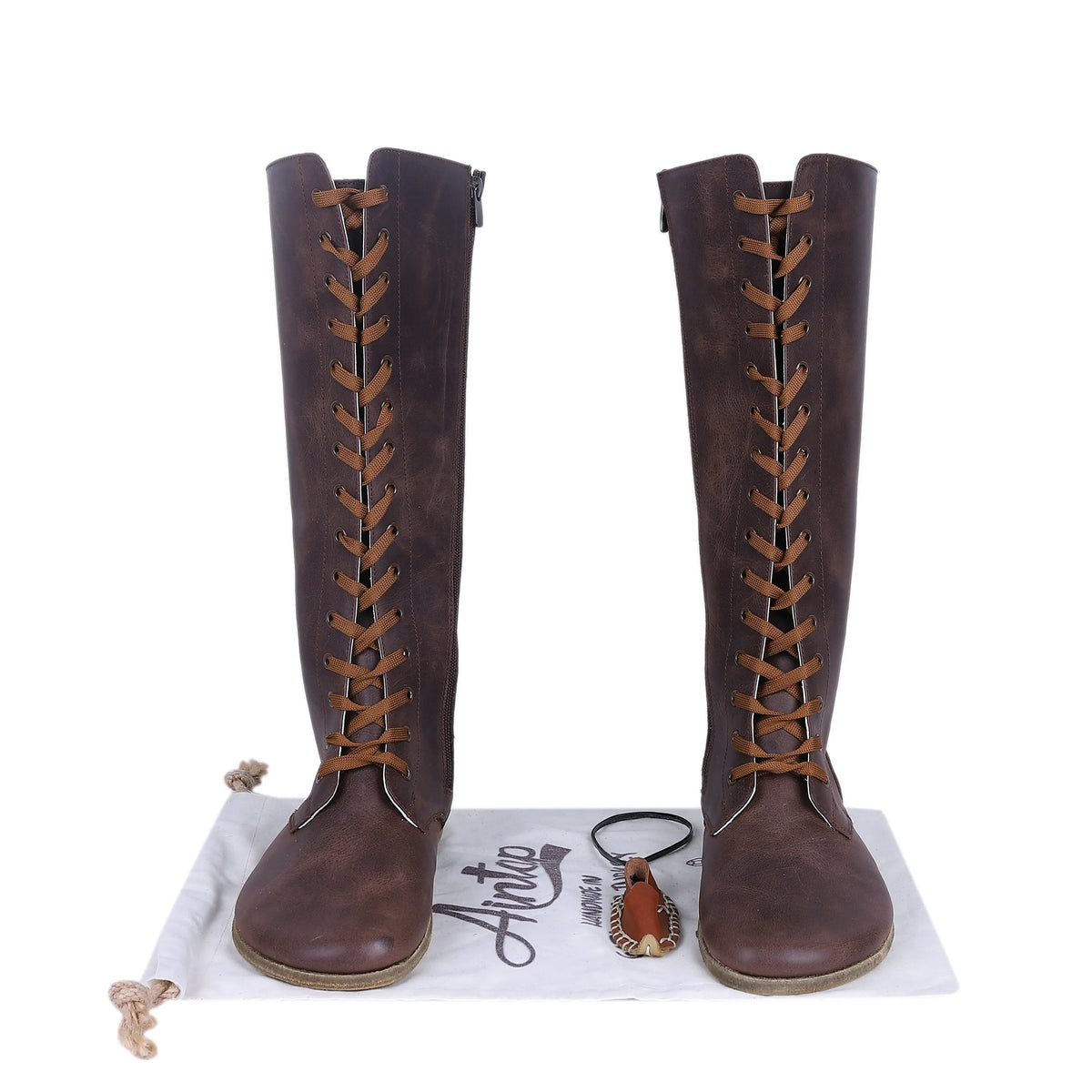 Crazy Barefoot Laces Knee Boots Shoes – Classic Sole — Leather Sole – Dark Brown