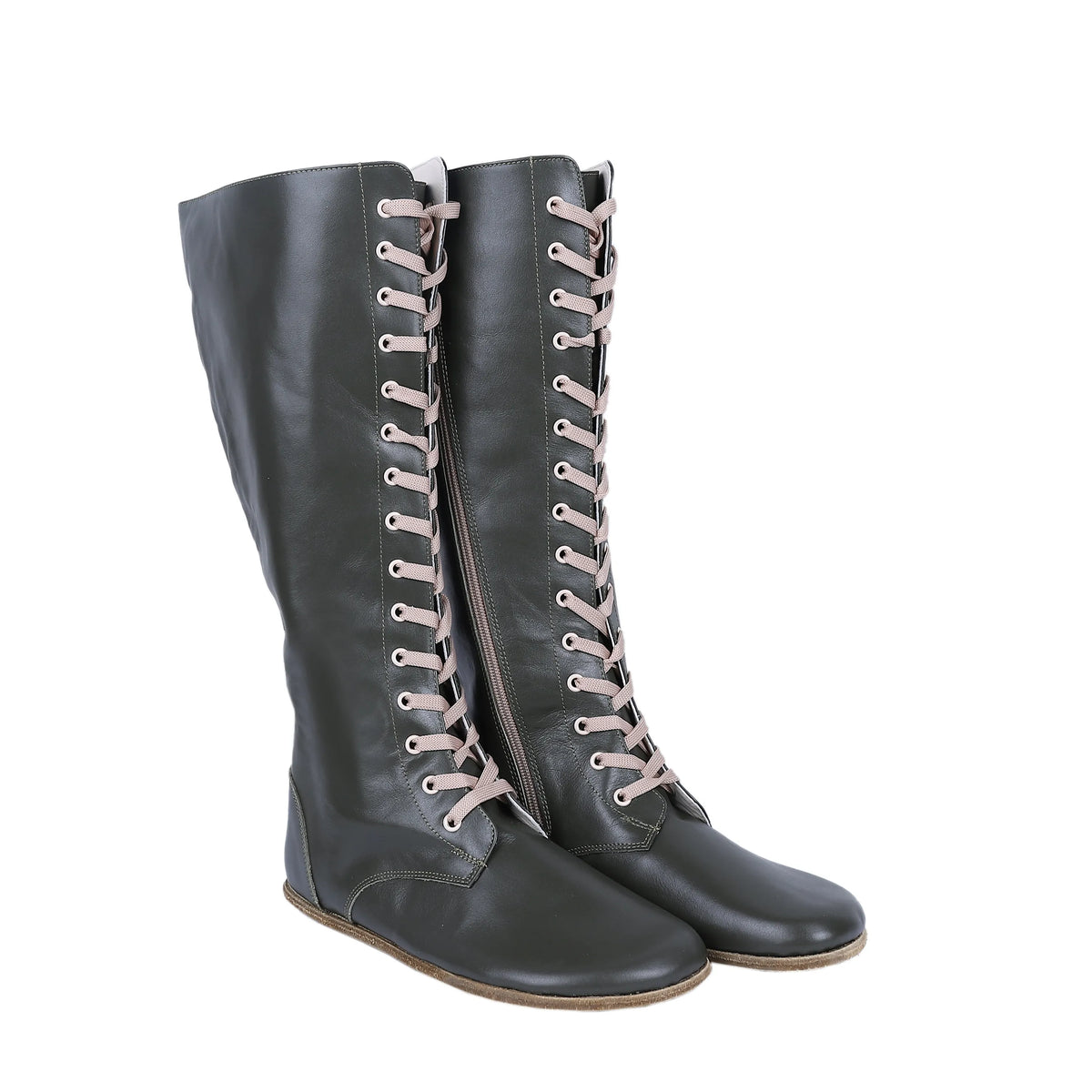 Smooth Barefoot Laces Knee Boots Shoes – Classic Sole — Leather Sole – Olive Green