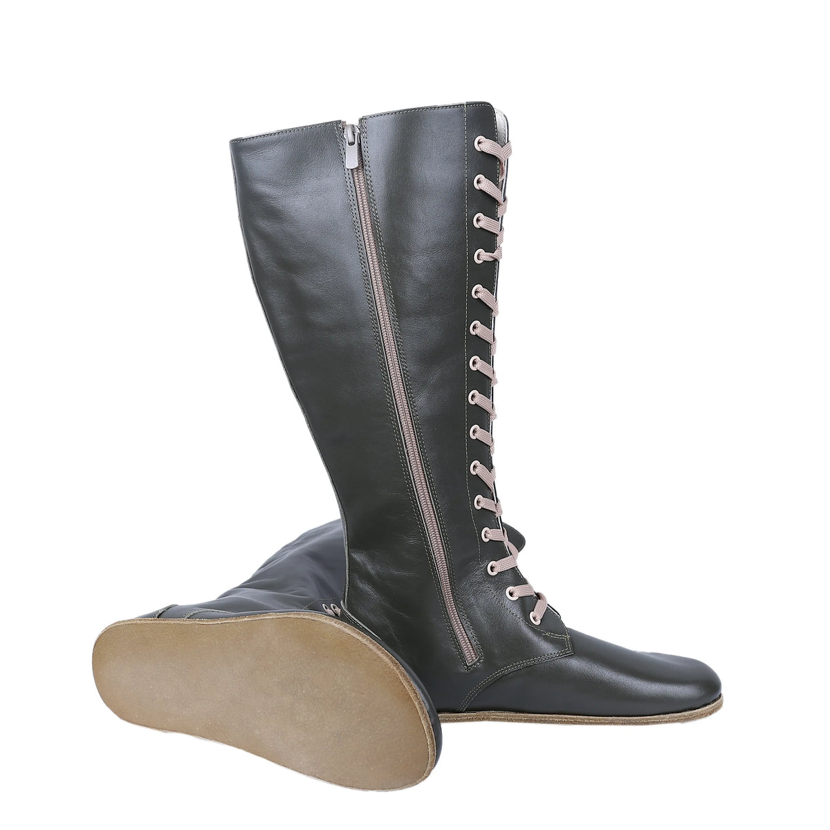 Smooth Barefoot Laces Knee Boots Shoes – Classic Sole — Leather Sole – Olive Green