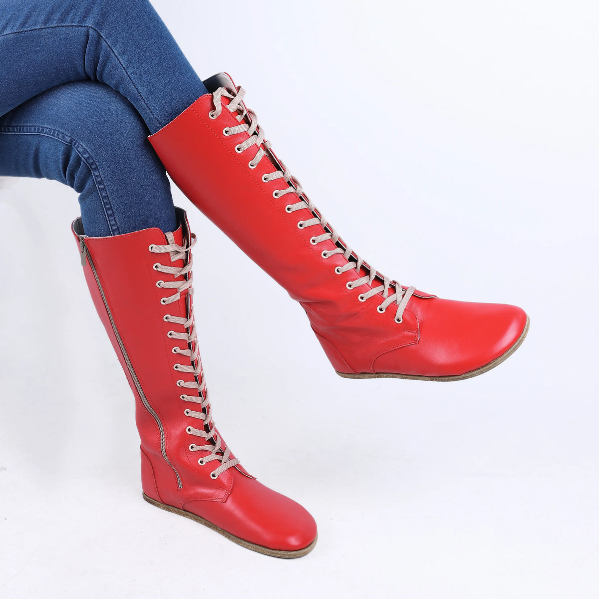 Smooth Barefoot Laces Knee Boots Shoes – Classic Sole — Leather Sole – Red