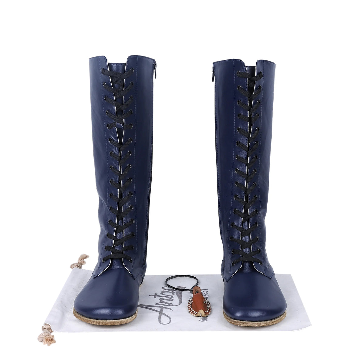 Smooth Barefoot Laces Knee Boots Shoes – Classic Sole — Leather Sole – Navy Blue