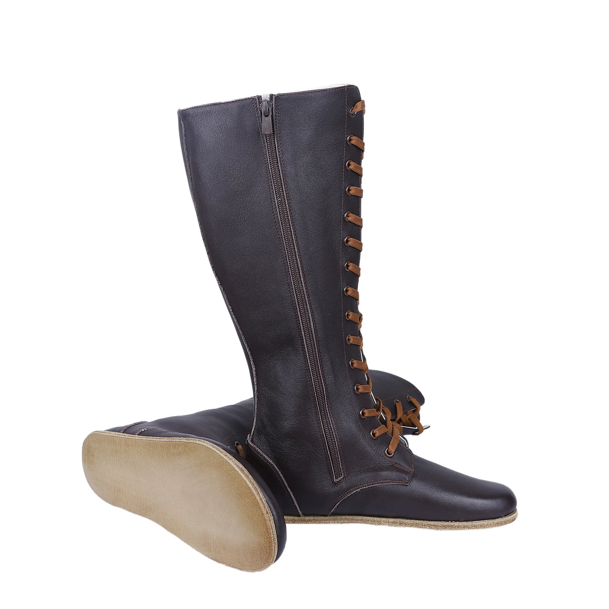 Smooth Barefoot Laces Knee Boots Shoes – Classic Sole — Leather Sole – Dark Brown