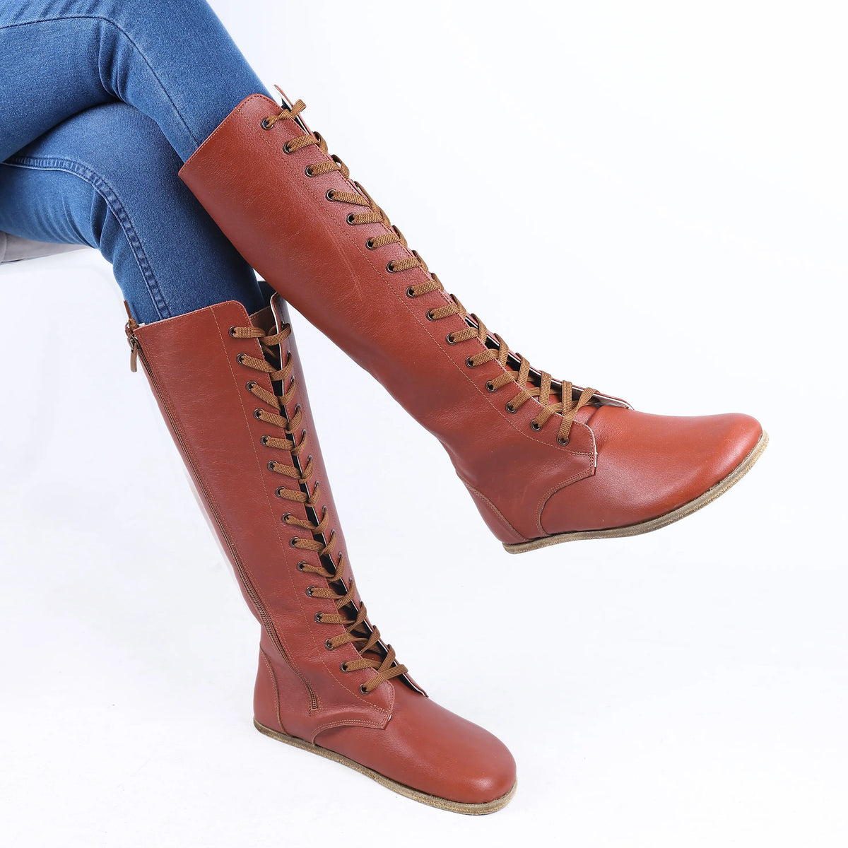 Smooth Barefoot Laces Knee Boots Shoes – Classic Sole — Leather Sole – Brown