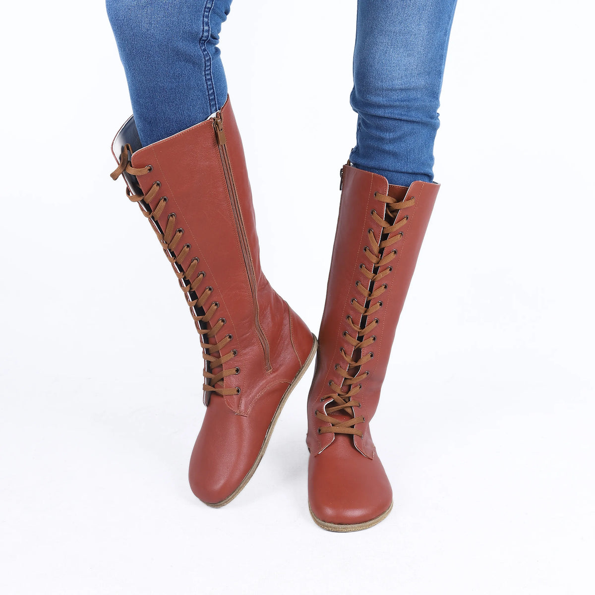 Smooth Barefoot Laces Knee Boots Shoes – Classic Sole — Leather Sole – Brown