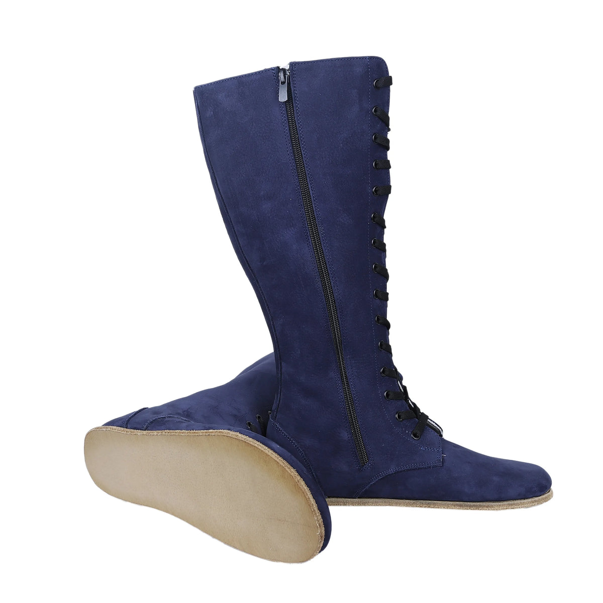 Nubuck Barefoot Laces Knee Boots Shoes – Classic Sole — Leather Sole – Navy Blue
