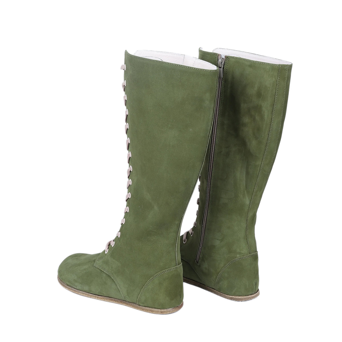 Nubuck Barefoot Laces Knee Boots Shoes – Classic Sole — Leather Sole – Green