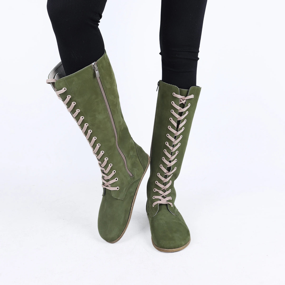 Nubuck Barefoot Laces Knee Boots Shoes – Classic Sole — Leather Sole – Green