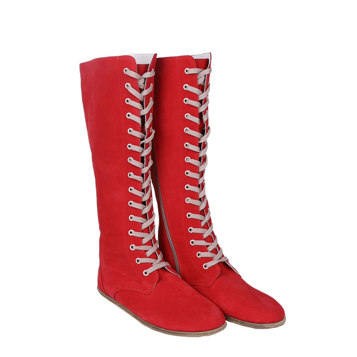 Nubuck Barefoot Laces Knee Boots Shoes – Classic Sole — Leather Sole – Red