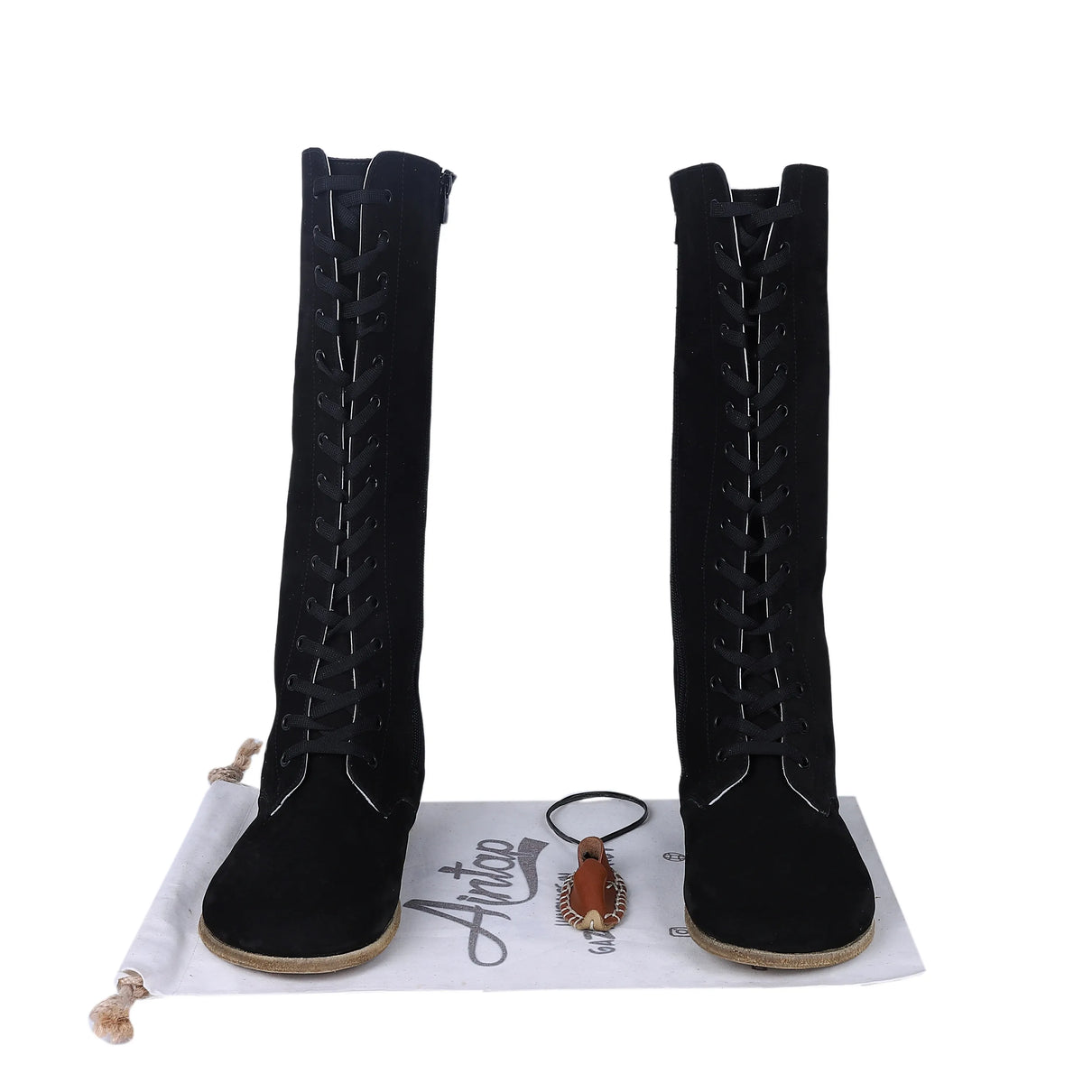 Nubuck Barefoot Laces Knee Boots Shoes – Classic Sole — Leather Sole – Black